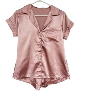 ECOTHREADS Pajama Set Womens Medium Pink Satin Button Up Short Sleeve Shorts